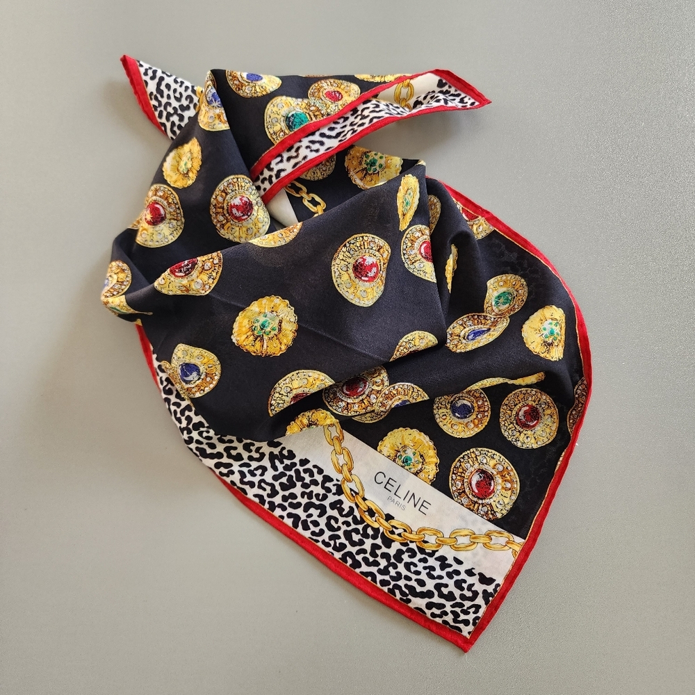 Celine Black & White Silk Bandanna with Gold, Red, Blue & Green Medallions EUC - Picture 4 of 15
